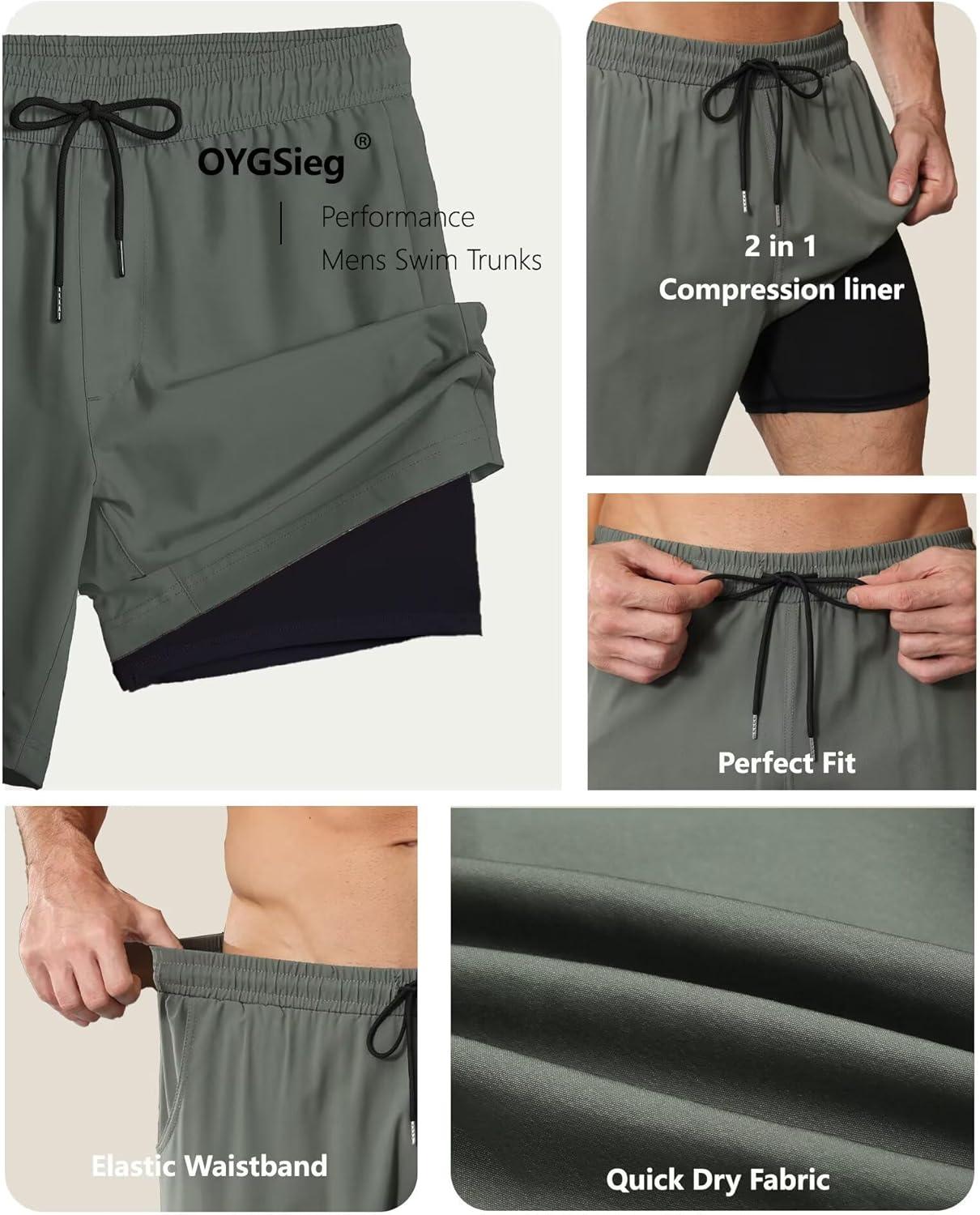 imageOYGSieg 2 in 1 Mens Swim Trunks 7 Inch Board Shorts Quick Dry Swim Shorts Suit with PocketsGraygreen