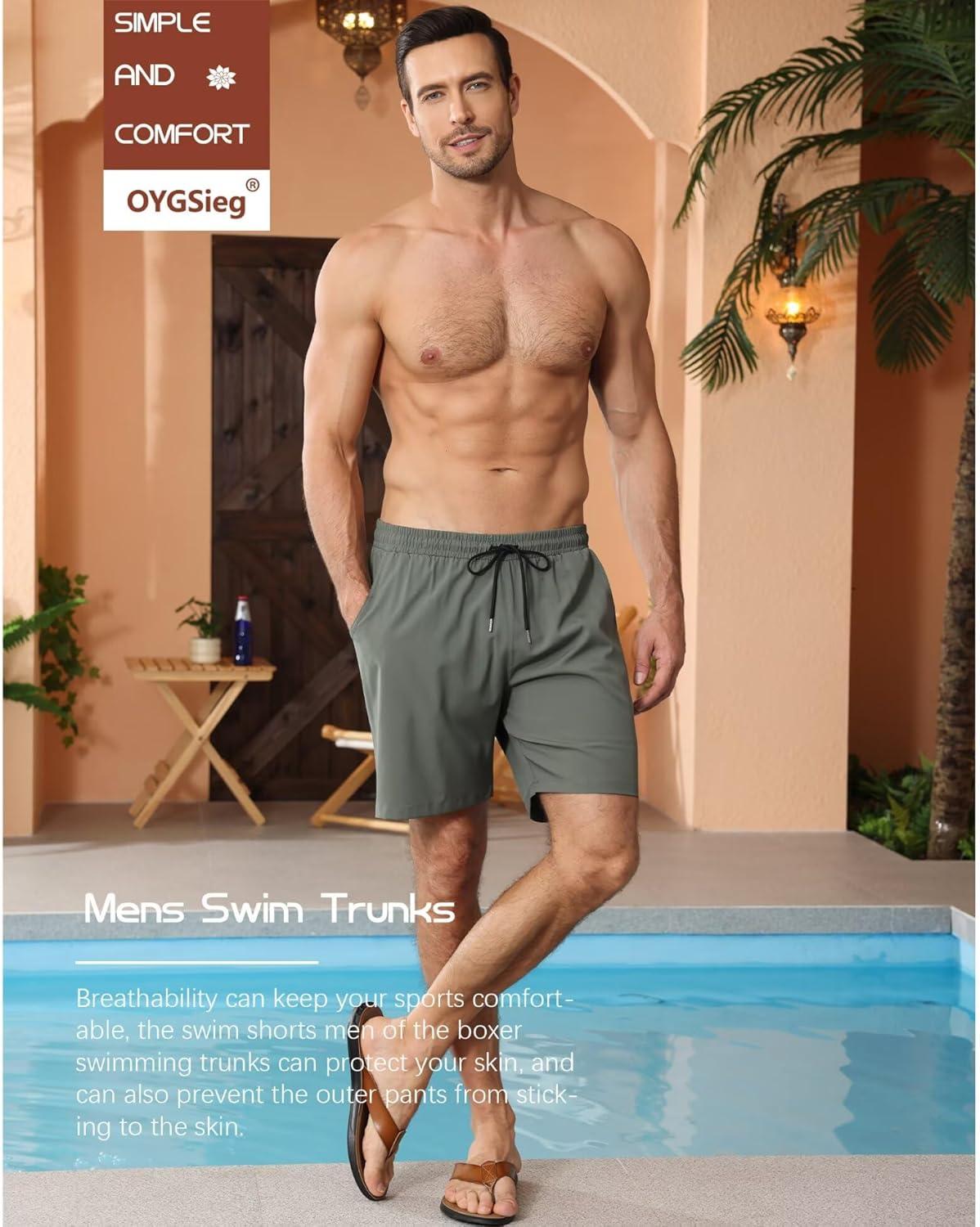 imageOYGSieg 2 in 1 Mens Swim Trunks 7 Inch Board Shorts Quick Dry Swim Shorts Suit with PocketsGraygreen