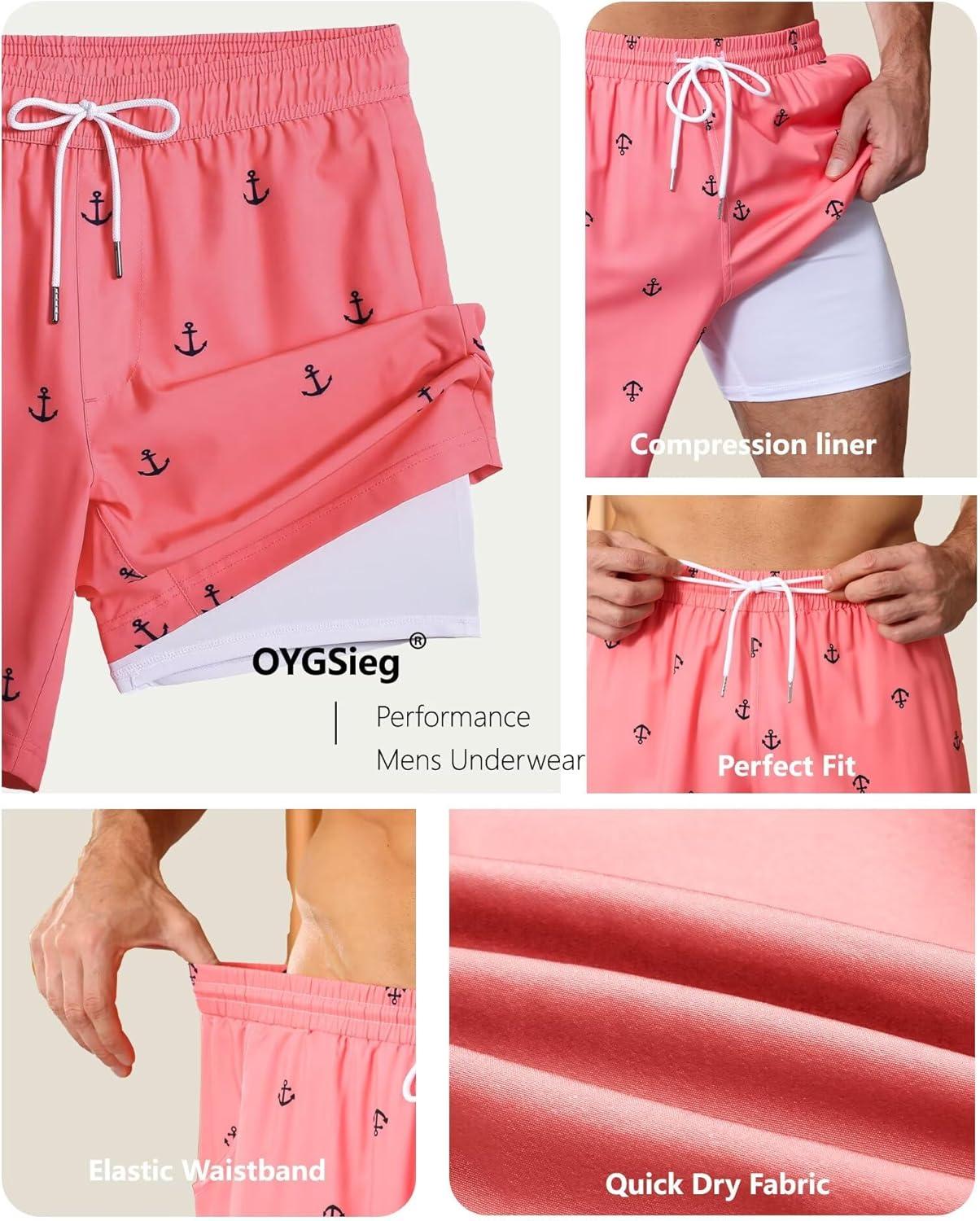 imageOYGSieg 2 in 1 Mens Swim Trunks 7 Inch Board Shorts Quick Dry Swim Shorts Suit with PocketsRose Anchor