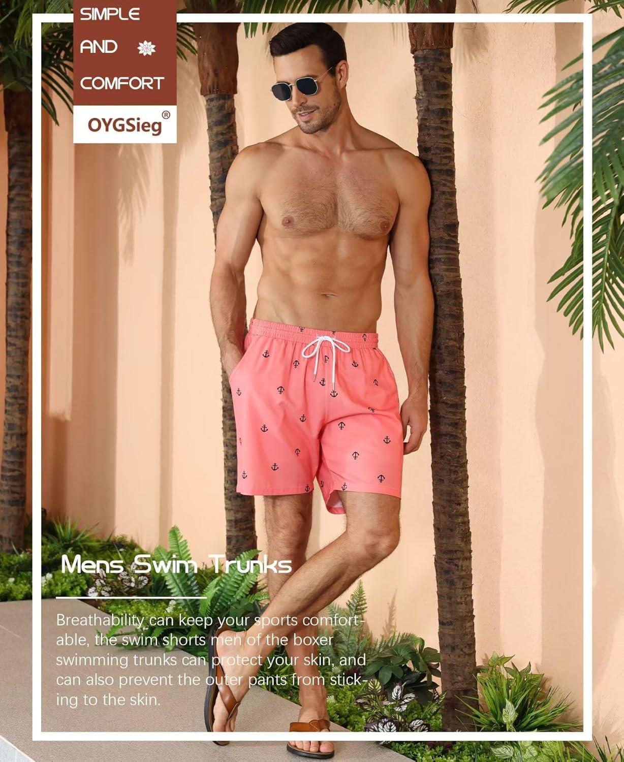 imageOYGSieg 2 in 1 Mens Swim Trunks 7 Inch Board Shorts Quick Dry Swim Shorts Suit with PocketsRose Anchor