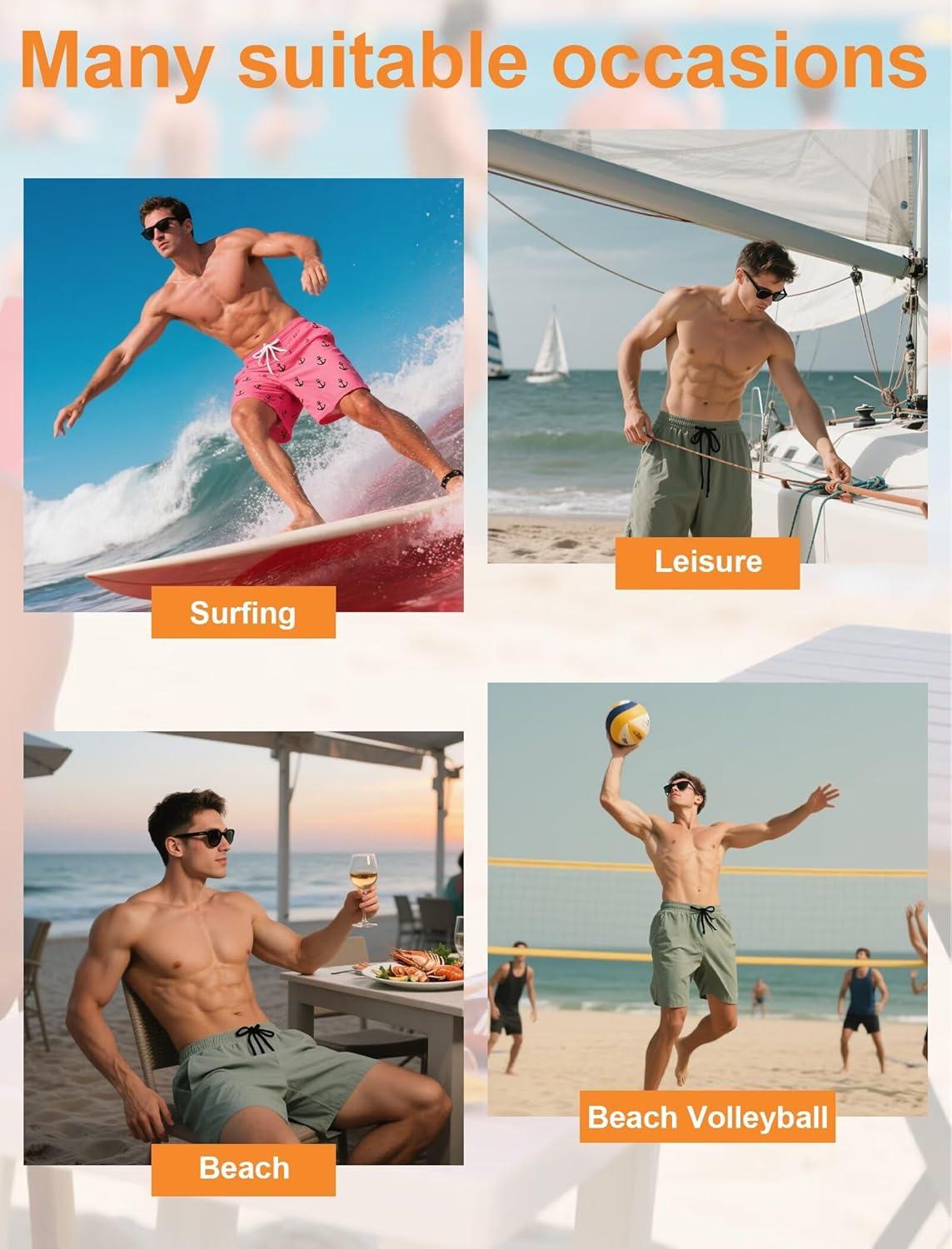 imageOYGSieg 2 in 1 Mens Swim Trunks 7 Inch Board Shorts Quick Dry Swim Shorts Suit with PocketsRose Anchor