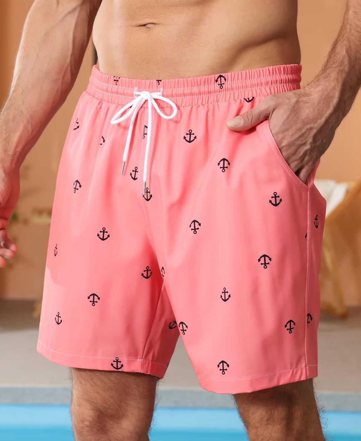 imageOYGSieg 2 in 1 Mens Swim Trunks 7 Inch Board Shorts Quick Dry Swim Shorts Suit with PocketsRose Anchor