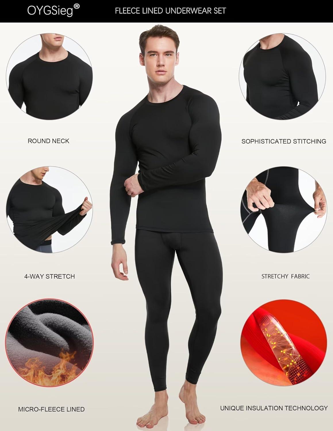 imageOYGSieg 3 or 2 Set Mens Thermal Underwear Long Johns with Fleece Lined Thermals for Men Base Layer Cold Weather Top BottomBlackGrey