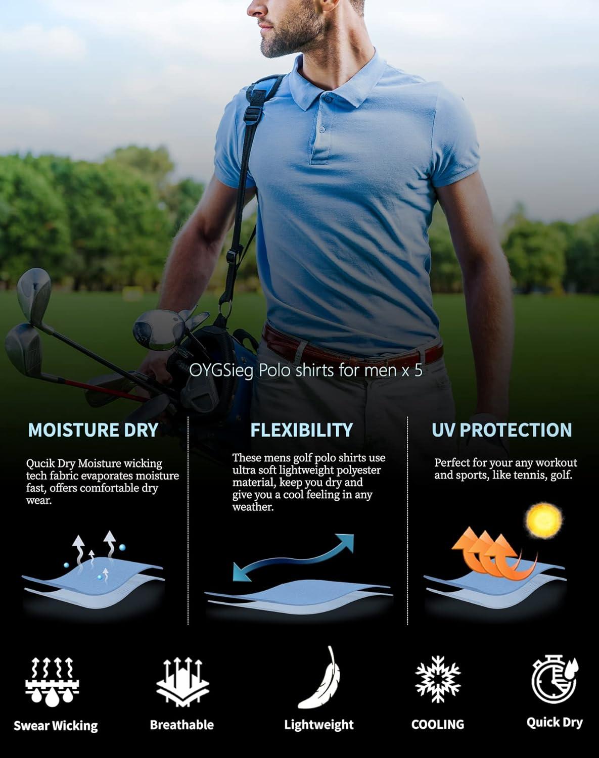 imageOYGSieg 5 Pack Mens Polo Shirt Short Sleeve Tactical Shirts Quick Dry Performance Golf Shirt Pique Jersey Outdoor ShirtRoyal Blue Black White Navy Noon Blue 5 Pack