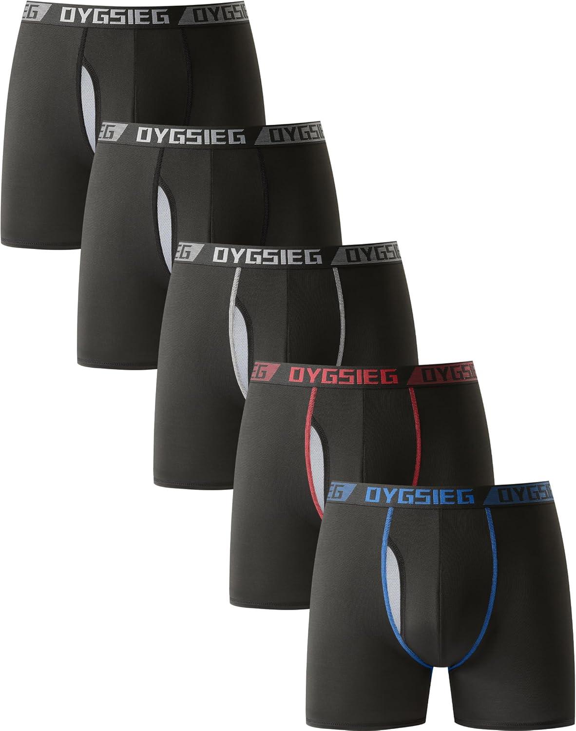 OYGSieg Men’s Boxer Briefs,Fly with Built-in Total Support Pouch Moisture-Wicking Odor Control Cool Underwear for Men 5-Pack(Regular Leg – Black*5)