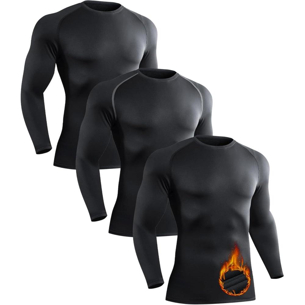 image3 Pack Mens Thermal Shirts Fleece Compression Shirts Athletic Base Layer Top Cold Weather Gear Long Sleeve Underwear