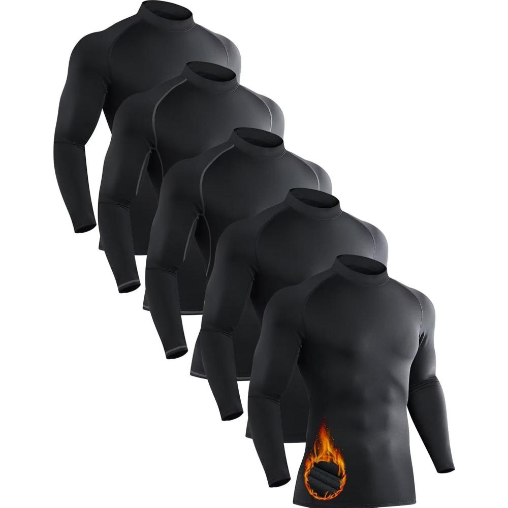 image5 Pack Mens Thermal Turtle Mock Neck Shirts Long Sleeve Compression Fleece Lined Shirts Undershirt Base Layer Tops5black