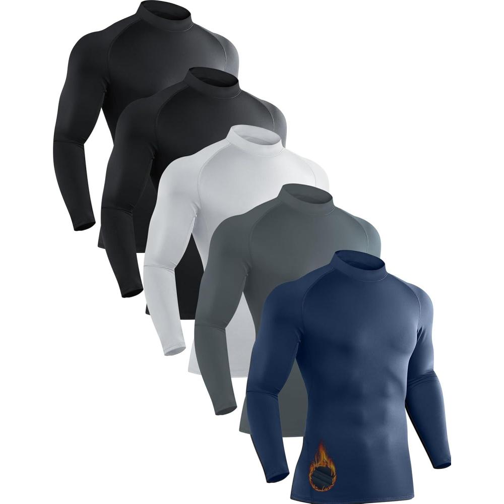image5 Pack Mens Thermal Turtle Mock Neck Shirts Long Sleeve Compression Fleece Lined Shirts Undershirt Base Layer TopsDark BlueDark GreyWhite2black