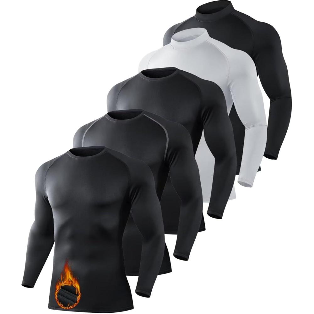 image5 or 4 Pack Mens Thermal Compression Shirts Fleece Lined Long Sleeve Mock Neck Athletic Base Layer Top Winter Cold Gear