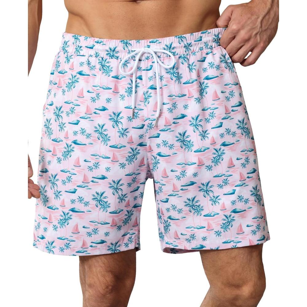 imageOYGSieg 2 in 1 Mens Swim Trunks 7 Inch Board Shorts Quick Dry Swim Shorts Suit with PocketsCoconut Pink