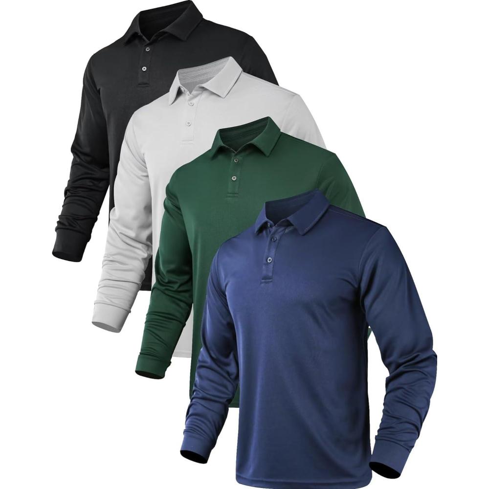 imageOYGSieg 4 Pack Mens Long Sleeve Polo Shirt Performance Quick Dry Collared Work Golf Hiking Casual ShirtBlackNavyGreyForest Green Setb