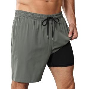 OYGSieg 2 in 1 Mens Swim Trunks 7 Inch Board Shorts Quick Dry Swim Shorts Suit with Pockets(Gray-green)