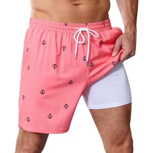 OYGSieg 2 in 1 Mens Swim Trunks 7 Inch Board Shorts Quick Dry Swim Shorts Suit with Pockets(Rose Anchor)