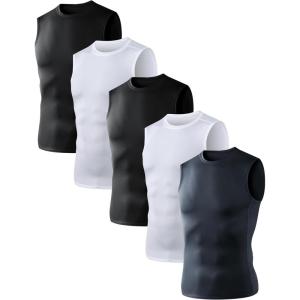 OYGSieg 5/6 Pack Men’s Athletic Compression Shirts Sleeveless Tank Top Base Layer Sports Workout Shirts for Basketball(2 White/2 Black/1 Gray)