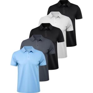OYGSieg 5 Pack Mens Polo Shirts Golf Shirts for Men(Gray/2 Black/Blue/White)