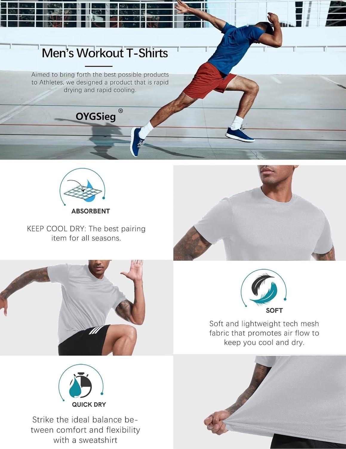 image:imageOYGSieg 5 Pack Workout Shirts for Men Short Sleeve Athletic Active Tops Quick Dry Crew Neck T Shirt for RunningWhiteSky BlueGrey