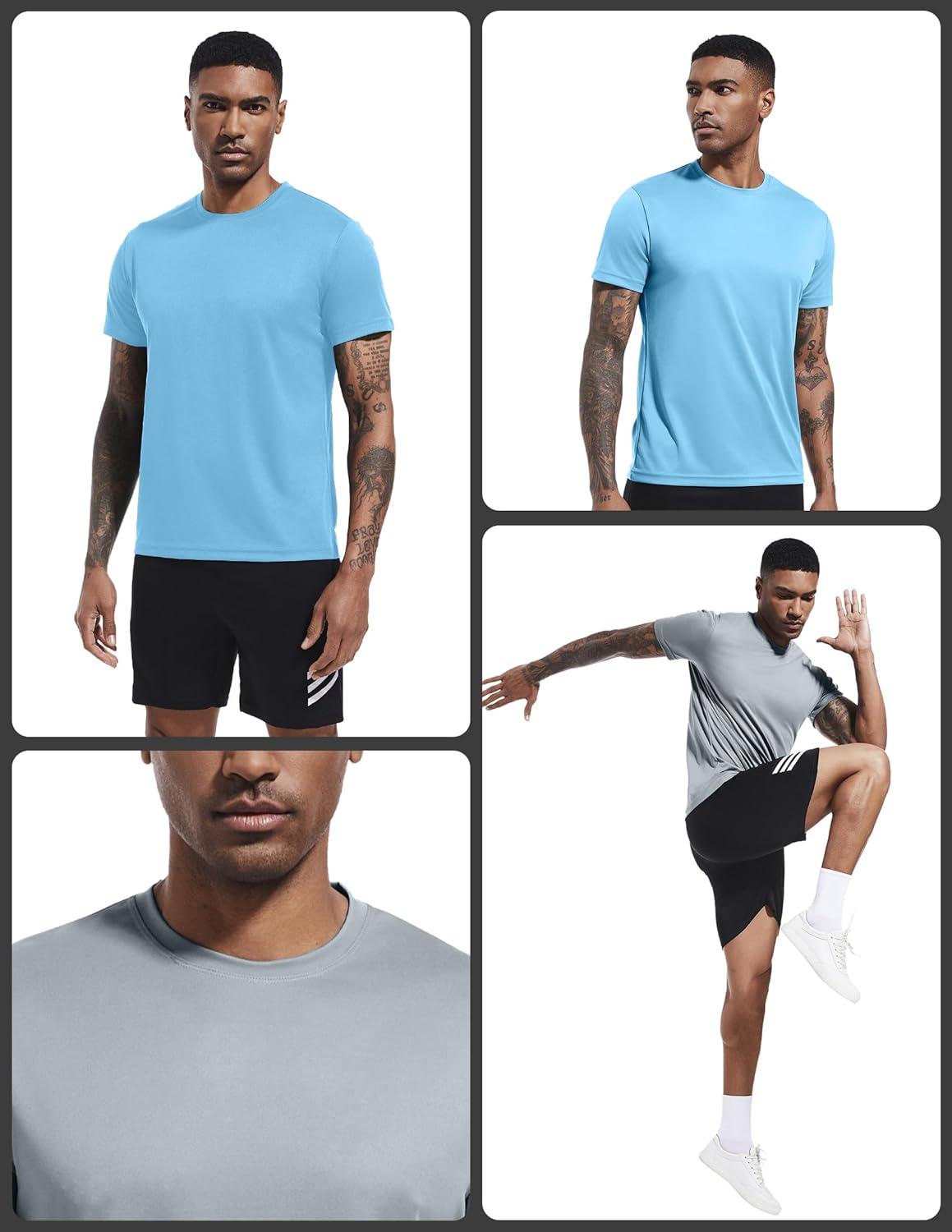image:imageOYGSieg 5 Pack Workout Shirts for Men Short Sleeve Athletic Active Tops Quick Dry Crew Neck T Shirt for RunningWhiteSky BlueGrey
