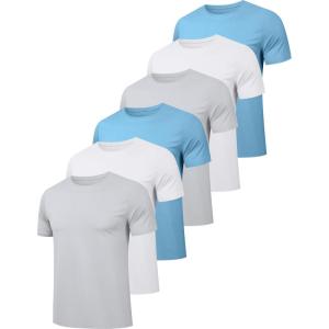 OYGSieg 5 Pack Workout Shirts for Men Short Sleeve Athletic Active Tops Quick Dry Crew Neck T Shirt for Running(White/Sky Blue/Grey)