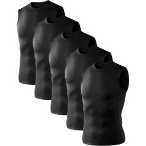OYGSieg 5/6 Pack Men’s Athletic Compression Shirts Sleeveless Tank Top Base Layer Sports Workout Shirts for Basketball(5 Black)