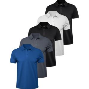 OYGSieg 5 Pack Polo Shirts for Men Quick Dry Short Sleeve T-Shirts Performance Mens Golf Shirts for Work Athletic(Gray/2 Black/Blue/White)